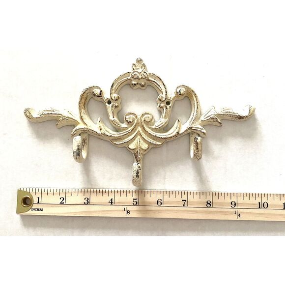 Vintage Ornate Iron Hall Tree Hook White Distressed Finish - Picture 3 of 4